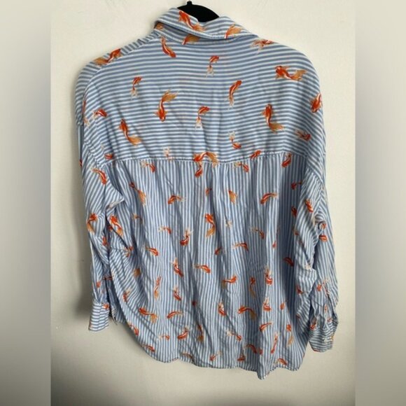 ZaraGoldfishNoveltyPrintStripedOversizedButtonDownBlouseTopLLarge - Picture 4 of 5